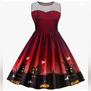 Halloween Vintage Style Ombre Swing Dress Sleeveless Swiss Dot Neckline Retro